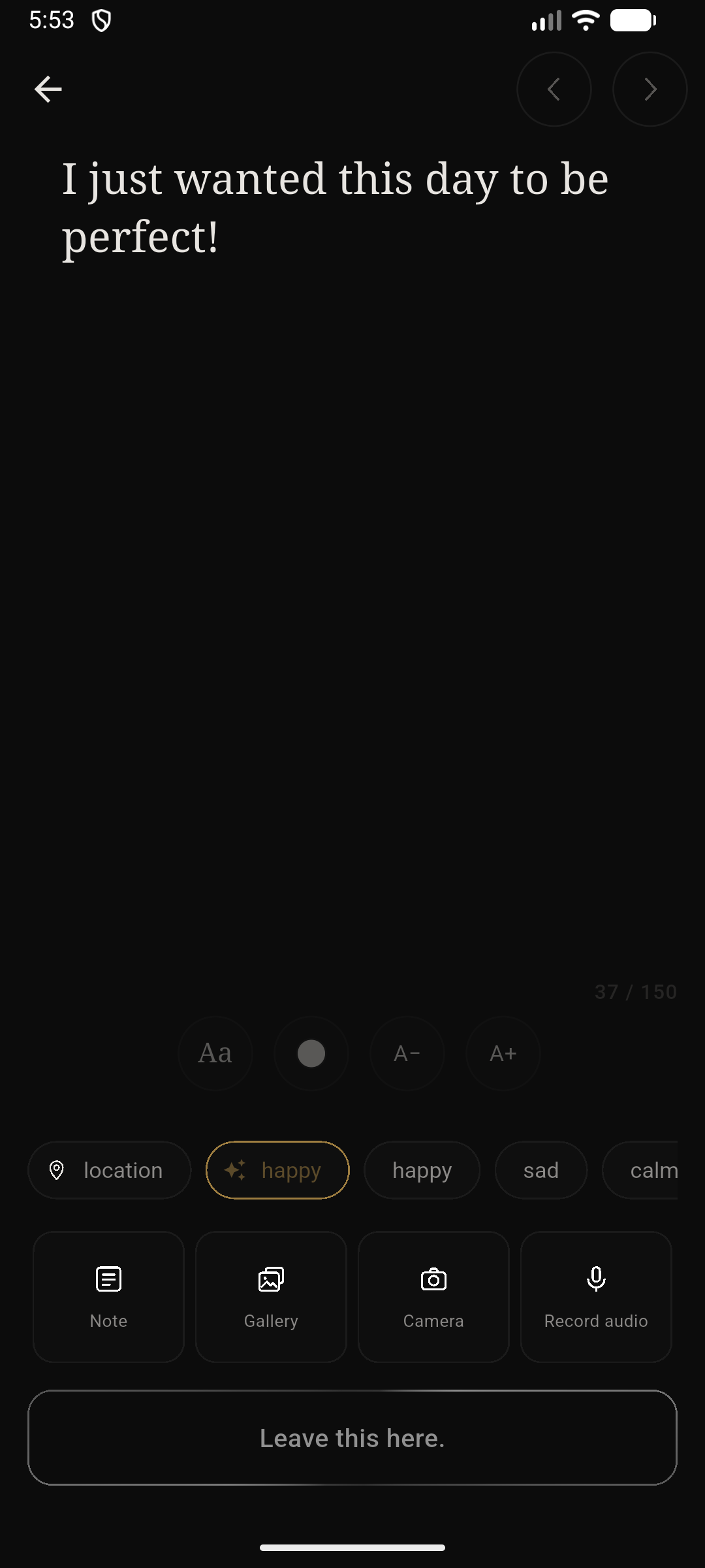 Fragment picker grid — add text, photo, camera, or audio to a void