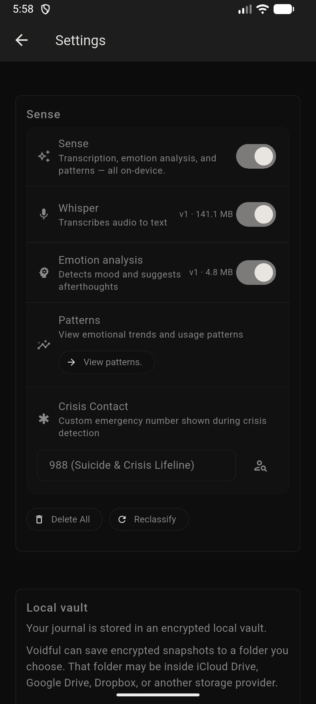 Settings showing Sense Models — Emotion, Whisper, and Sense AI — with Reclassify and View patterns controls