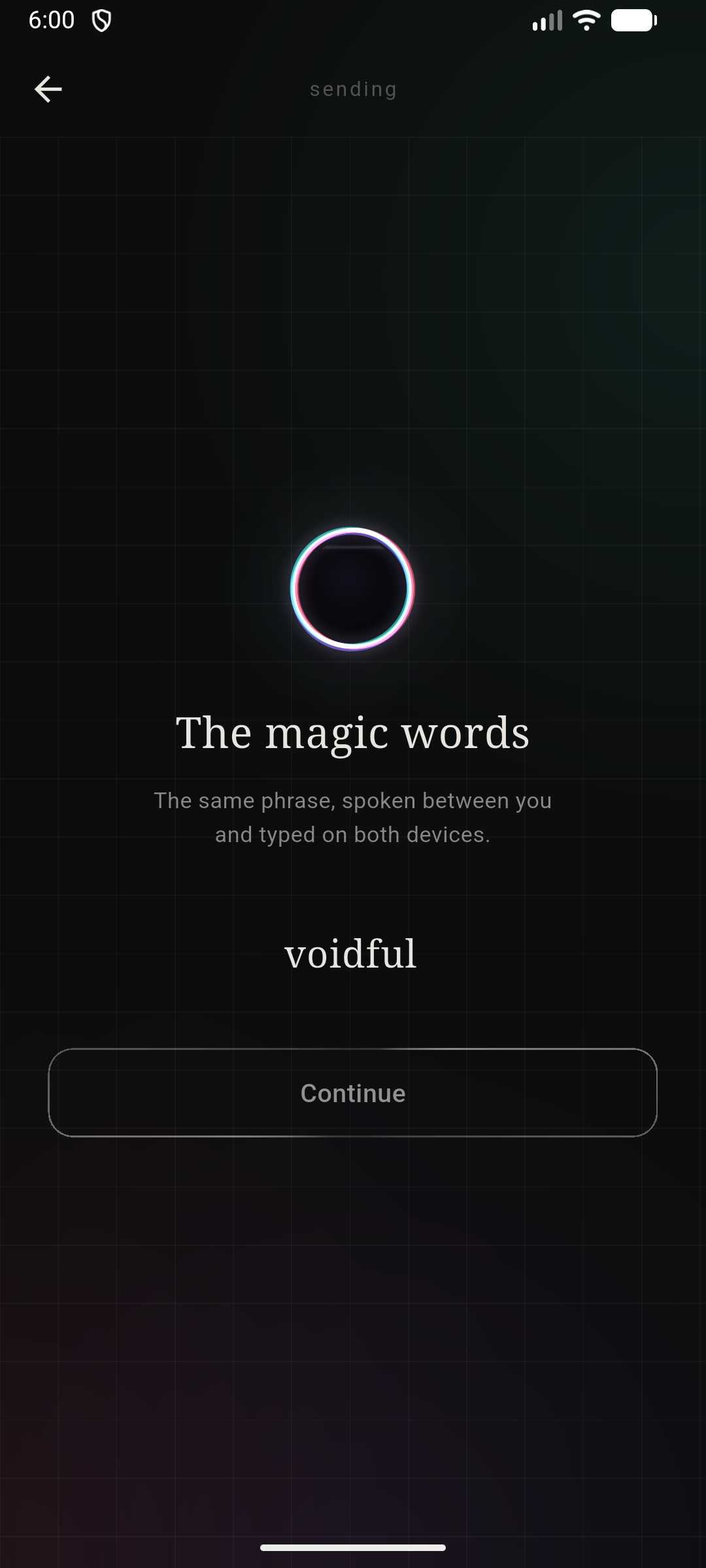 Pairing verification screen showing a shared phrase between two devices